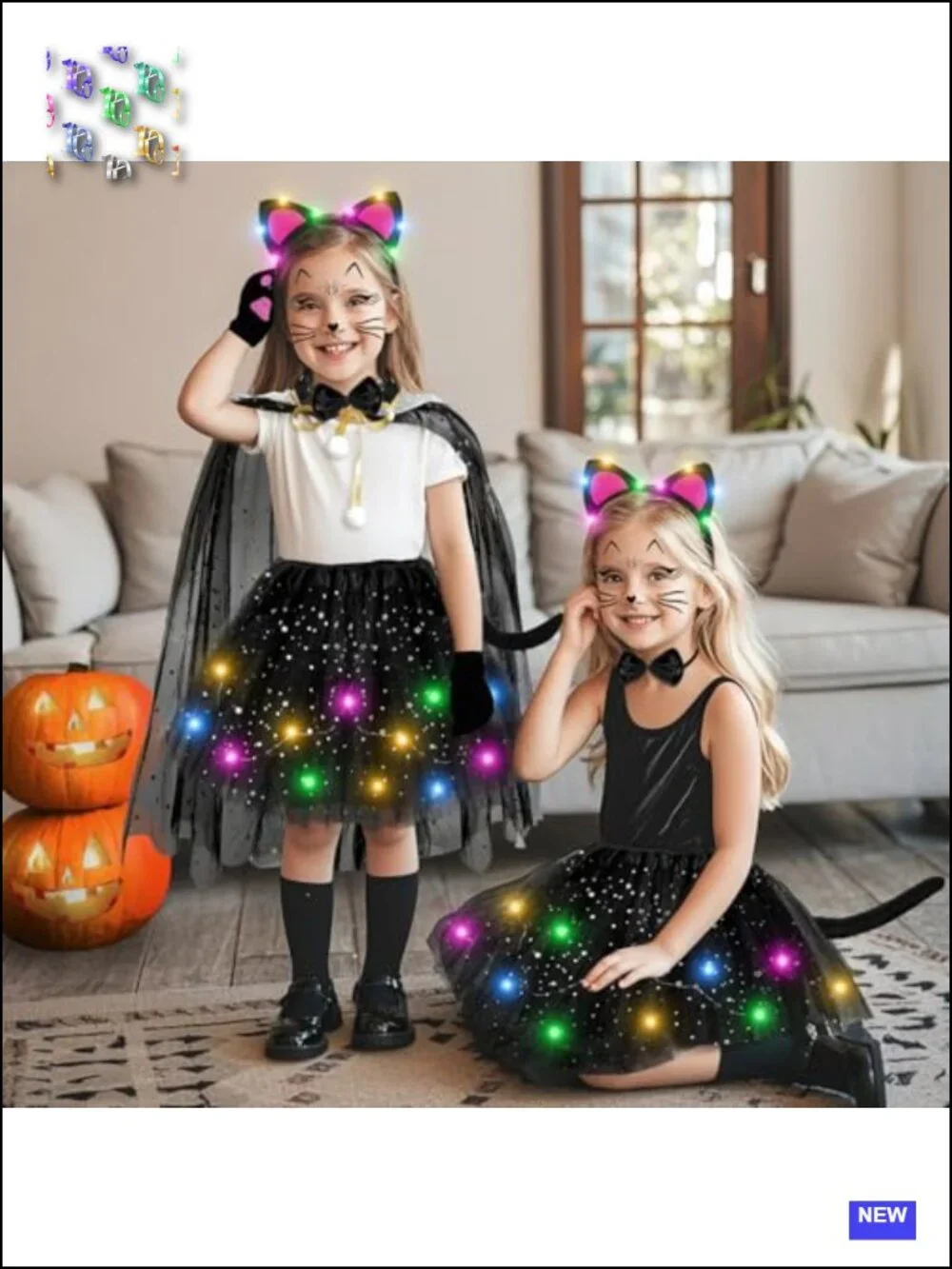 Girls LED Cat Halloween Costume 7pc Set Ages 3-8 Tutu Cape Gloves